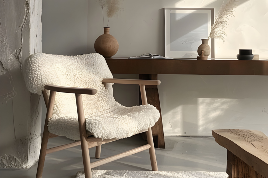 Unoccupied chair beside a desk in daylight
